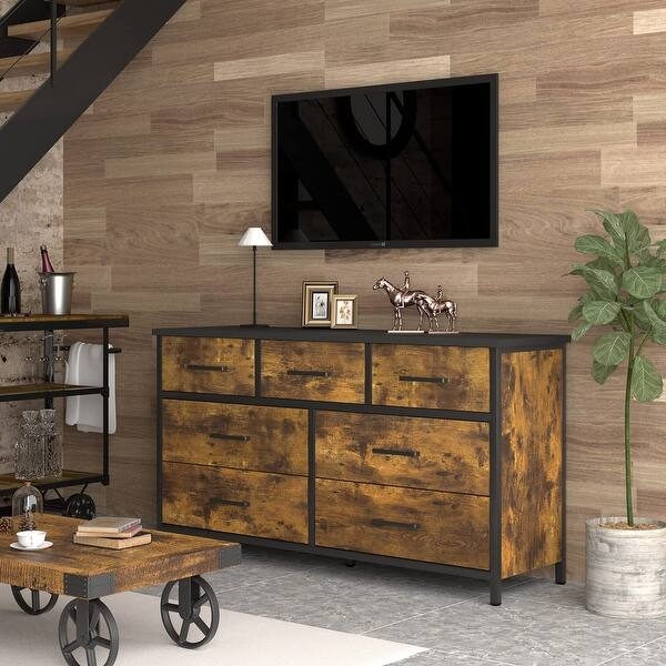 Mixed Material Dresser, Rustic Wood and Black Metal, Slim Handles