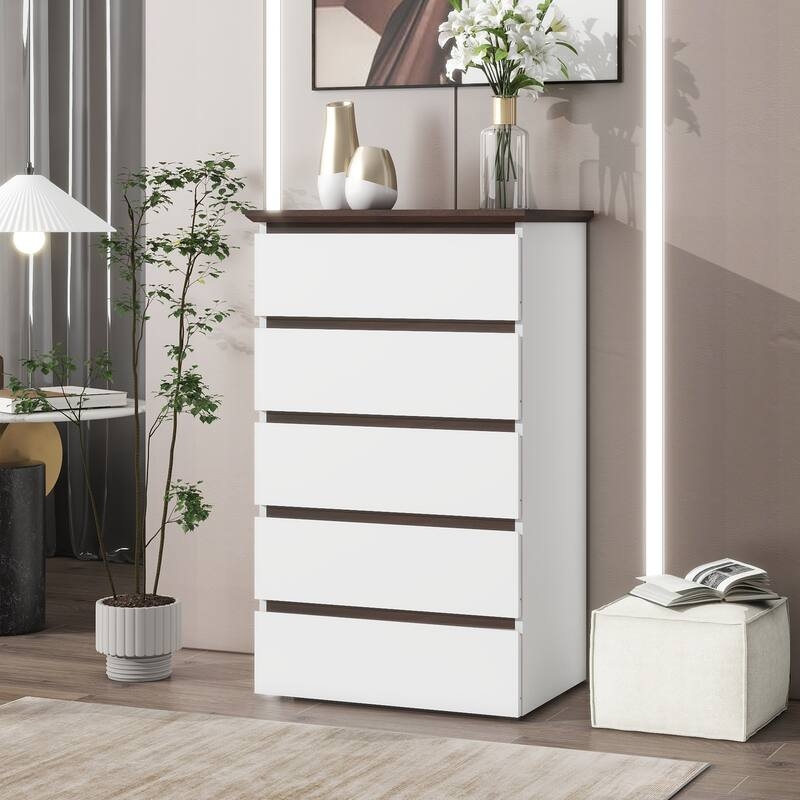 Modern 5-Drawer Dresser with Handleless Drawers and Dark Accents