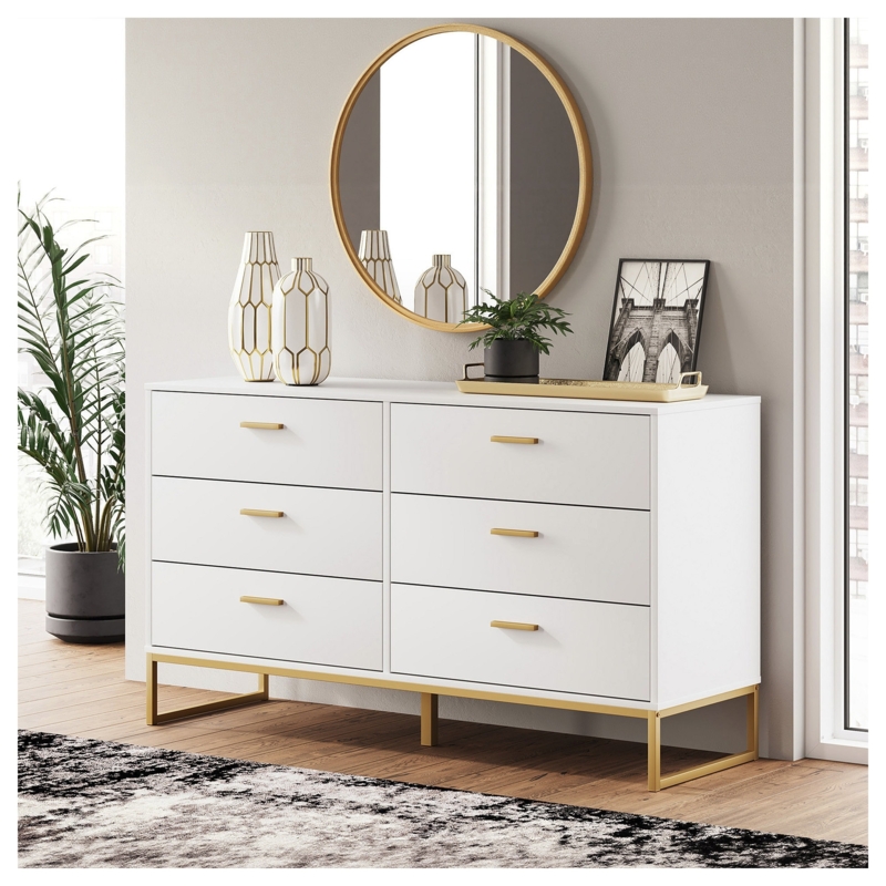 Modern 6-Drawer Dresser: White Finish featuring Gold Sled Base (71 chars)