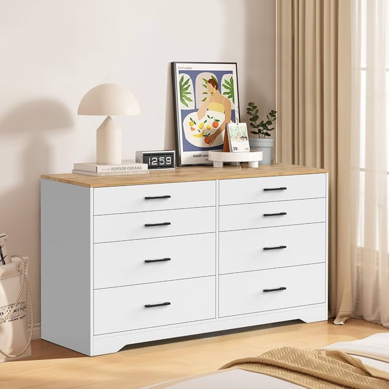 Modern 8-Drawer Dresser Slim Black Hardware Wood Top Scandinavian