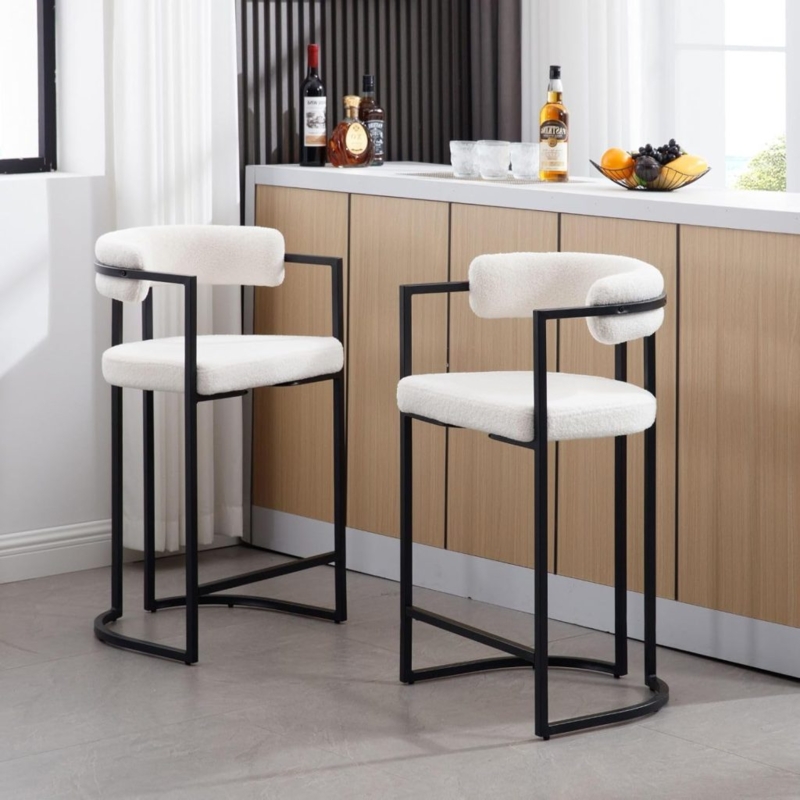 Modern Bar Stools: White Boucle Texture, Barrel Back, Sled Base