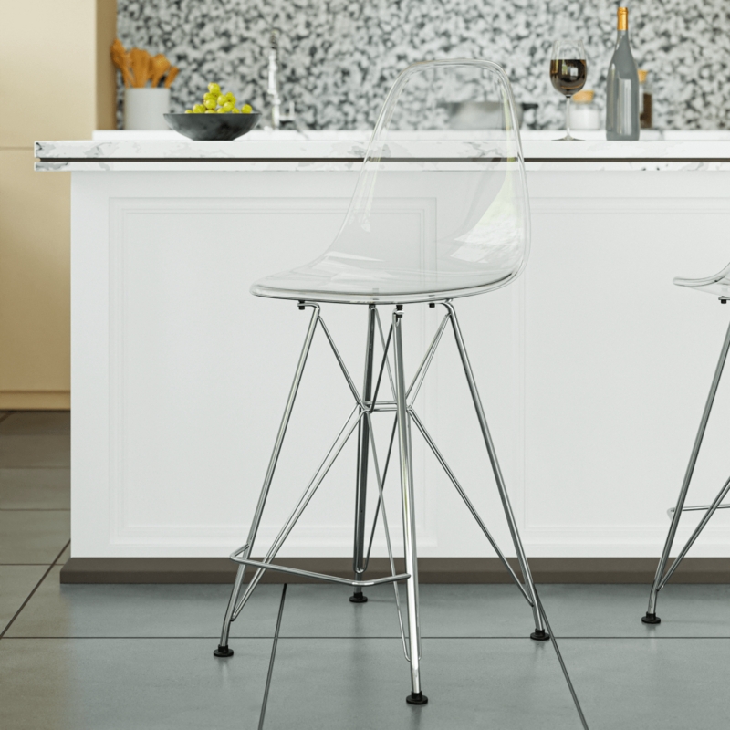 Modern Barstool with Geometric Eiffel Base and Clear Bucket Seat