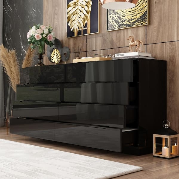 Modern Black Dresser with LED Lights, High Gloss Finish