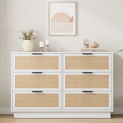 Modern Bohemian Double Dresser with Rattan Panels and Black Handles