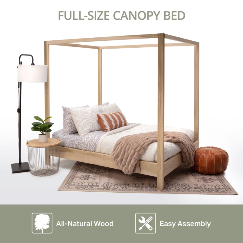 Modern Boho Canopy Bed Unfinished Wood Frame Raised Platform Base