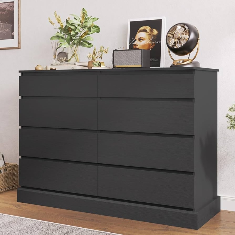 Modern Charcoal Black Dresser, Handleless Wood Grain Finish