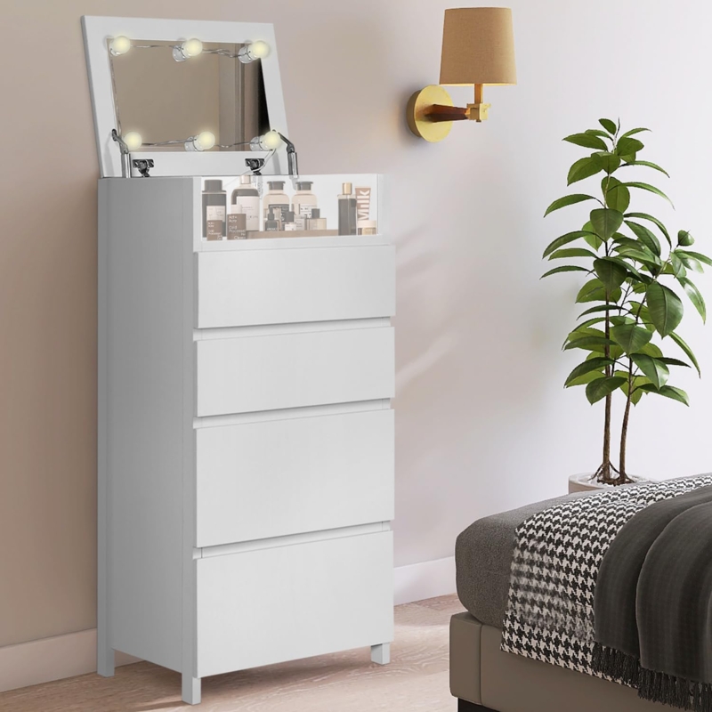 Modern Chest of Drawers with Flip-Top Vanity and Clear Organizer