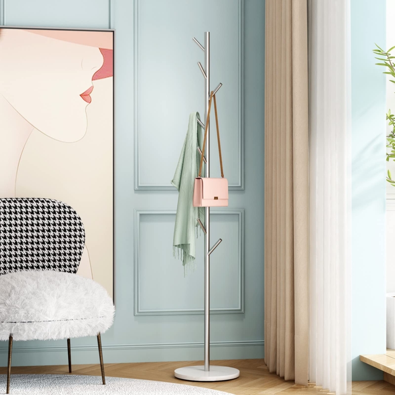 Modern Coat Rack Stand, Silver Staggered Hooks, Marble-Like Base