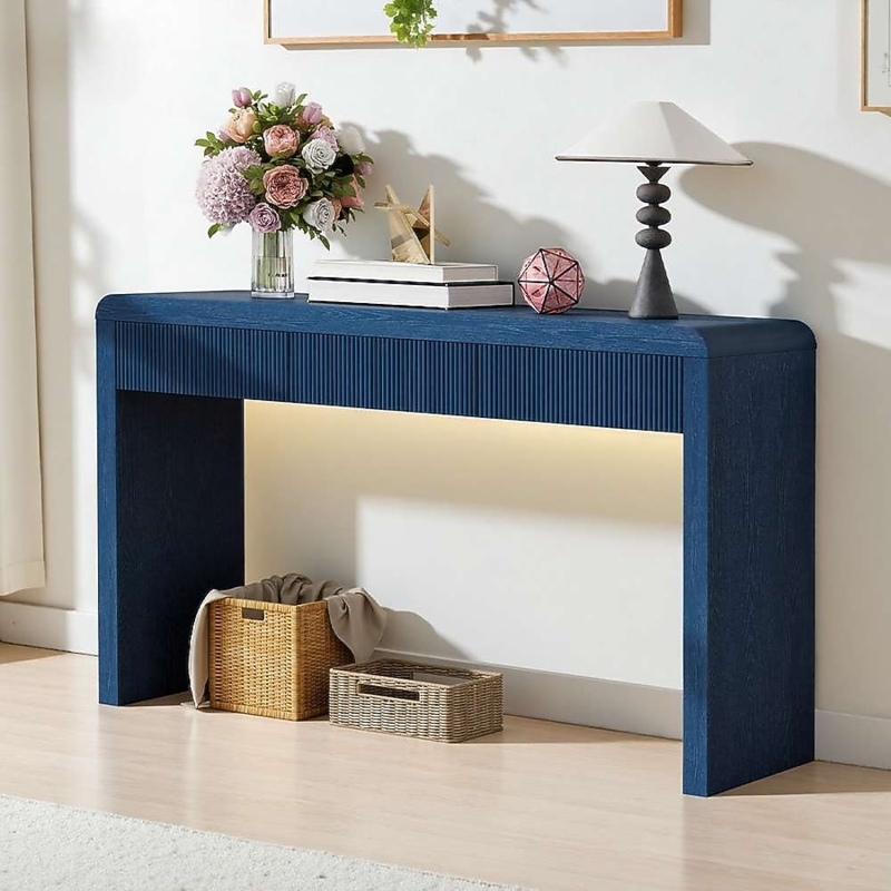 Modern Console Table Integrated Lighting Navy Fluted Fronts Waterfall Edge