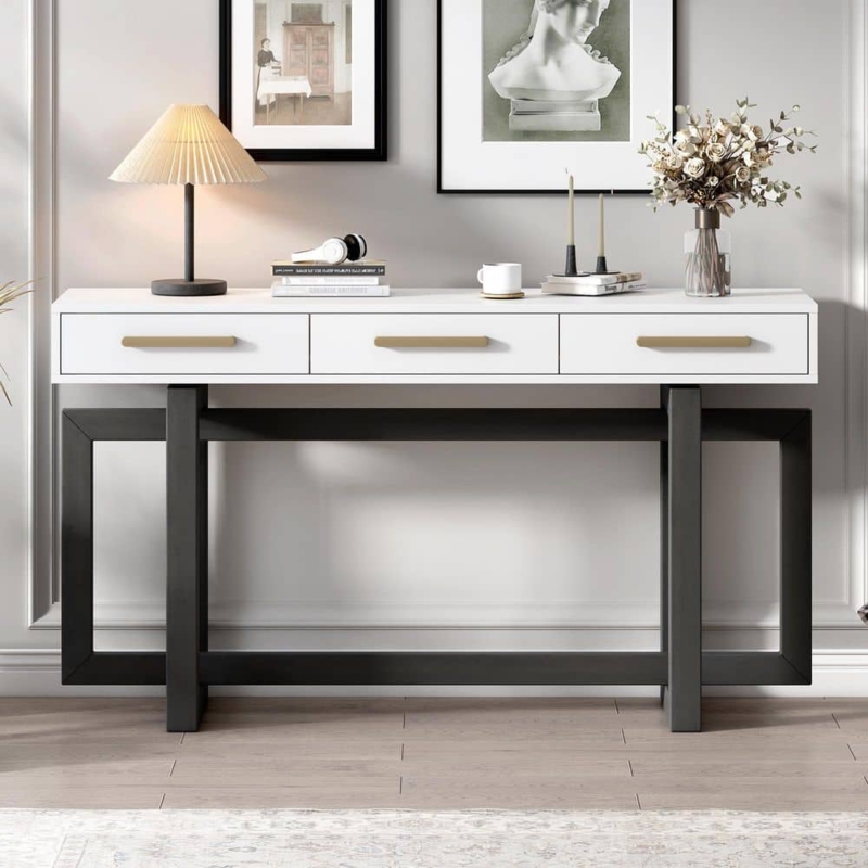 Modern Console Table White Top Black Architectural Base