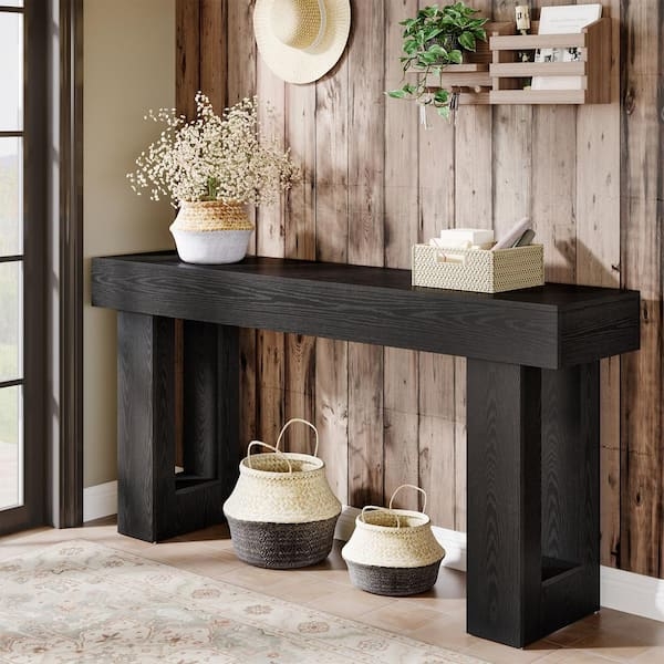 Modern Console Table with Thick Profile and Open Pillar Legs