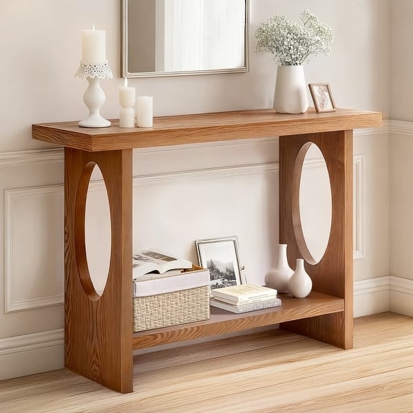 Modern Console Table Wood Veneer Oval Cutout Sides