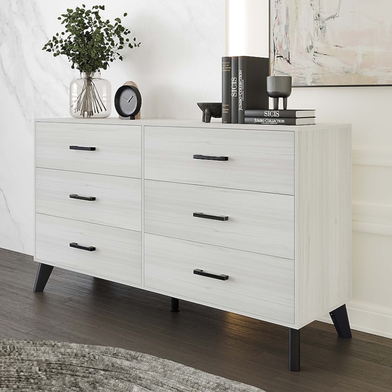 Modern Double Dresser featuring Tapered Legs and Black Bar Pulls