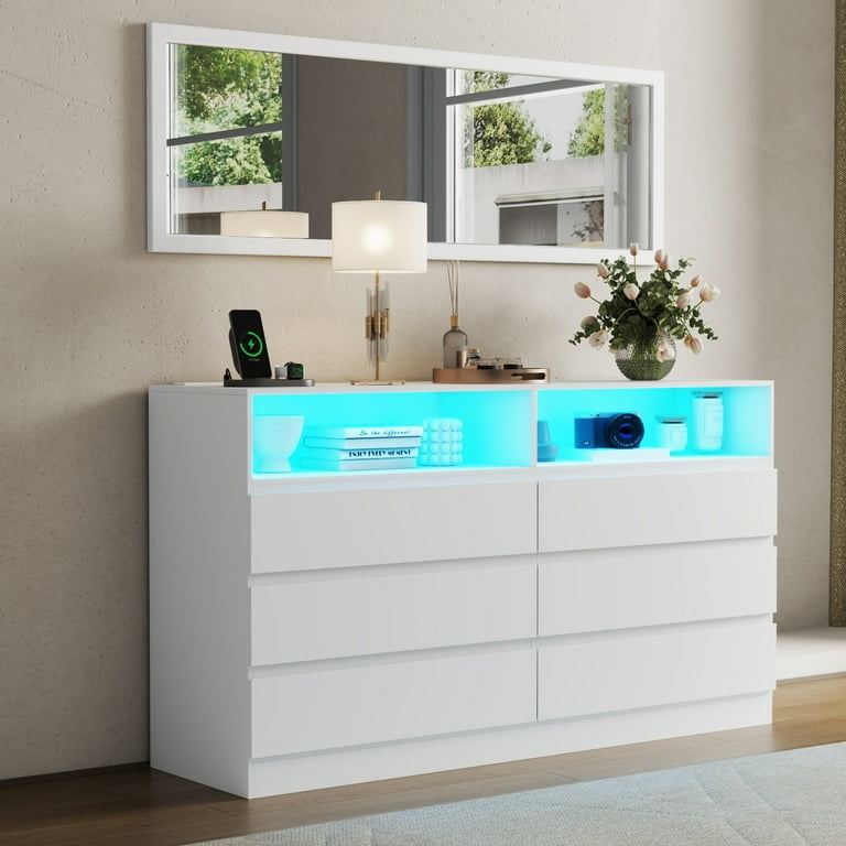 Modern Double Dresser with Integrated LED Shelving and Charging Port
