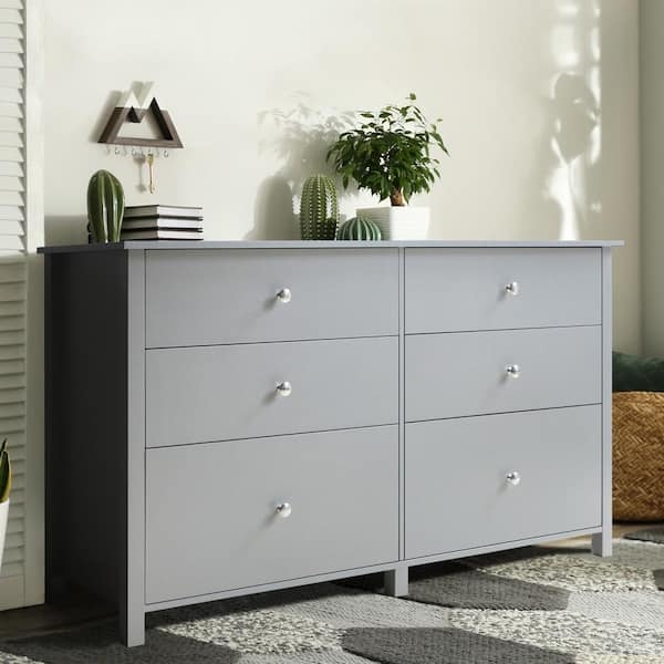 Modern Dresser Cool Grey Finish Silver Knobs Six Drawers Minimalist