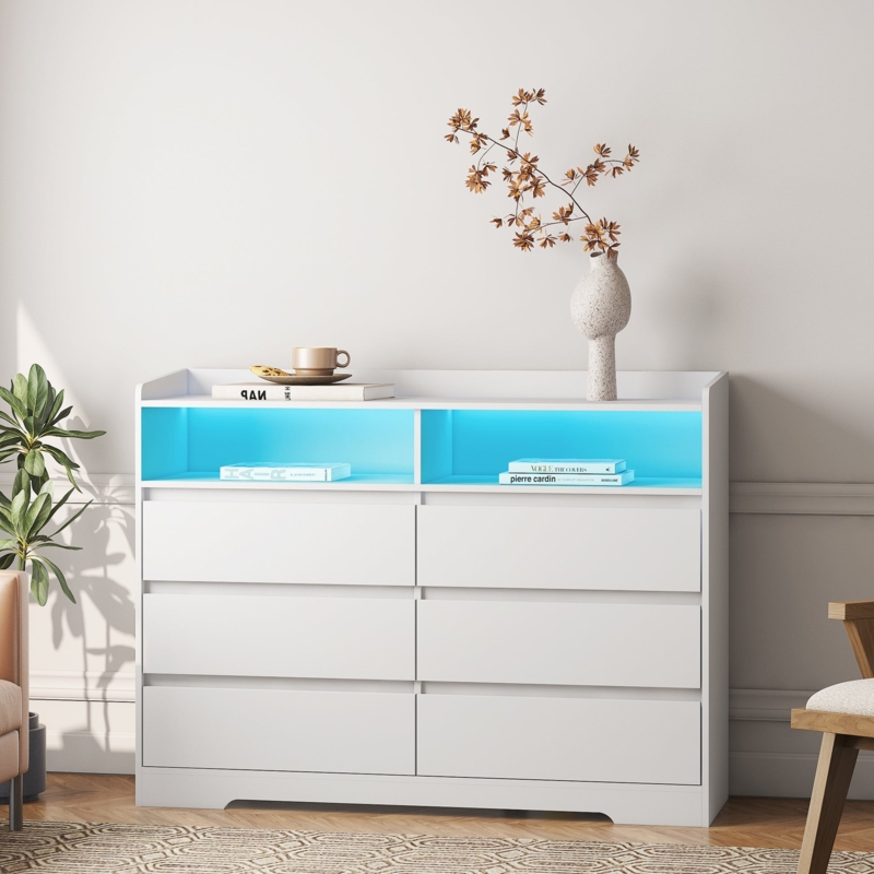 Modern Dresser Integrated Display Shelf Blue LED Glow White