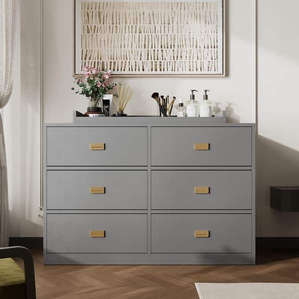 Modern Dresser with Gold Rectangular Pulls Plinth Base Six Drawers