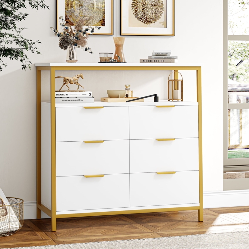 Modern Dresser with Integrated Open Shelf and Gold Metal Frame (72 chars)