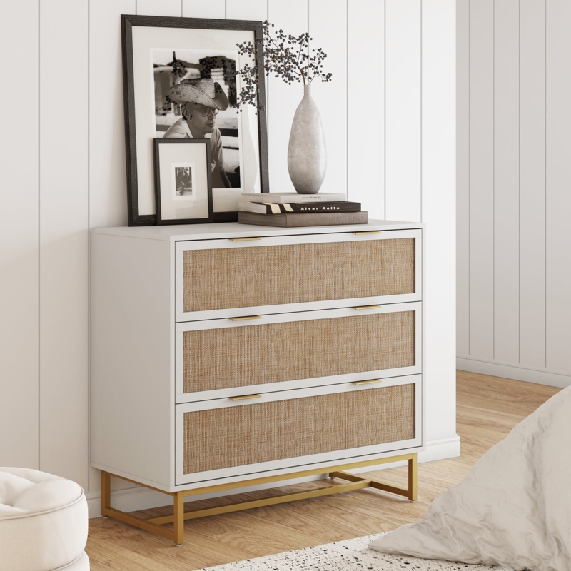Modern Dresser with Rattan Drawer Fronts and a Gold Sled Base
