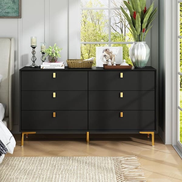 Modern Dresser with Tapered Gold Accent Legs and Vertical Tab Pulls