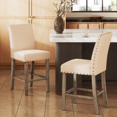 Modern Farmhouse Bar Stool Beige Nailhead Weathered Leg