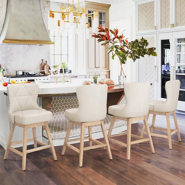 Modern Farmhouse Bar Stools: Ivory Upholstery, Diamond Tufting