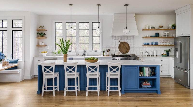 Modern Farmhouse Bar Stools X-Back Seating White Wood Navy Island