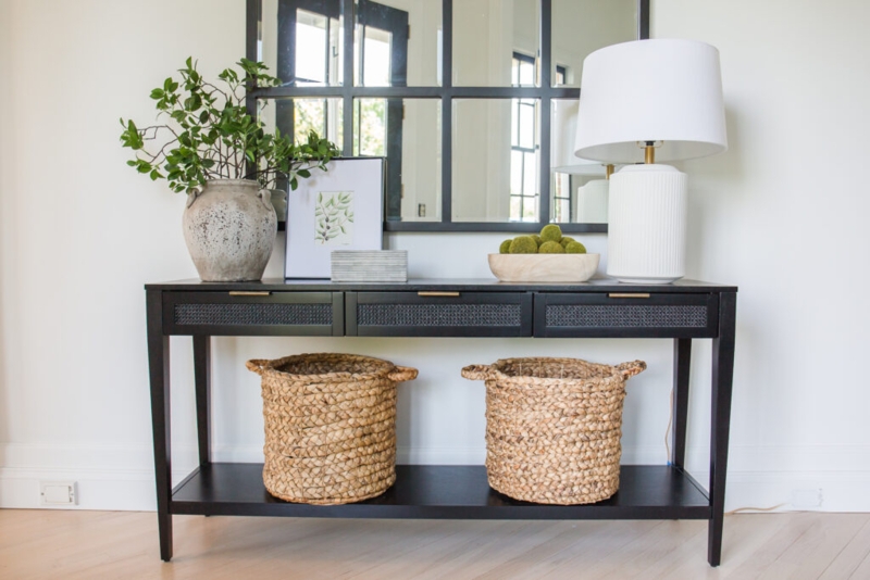 Modern Farmhouse Console Table with Woven Drawer Fronts and Gold Hardware