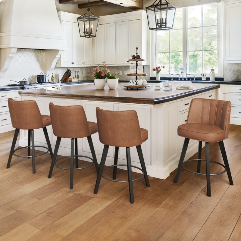 Modern Farmhouse Counter Stools Ribbed Back Warm Tan Leather Look