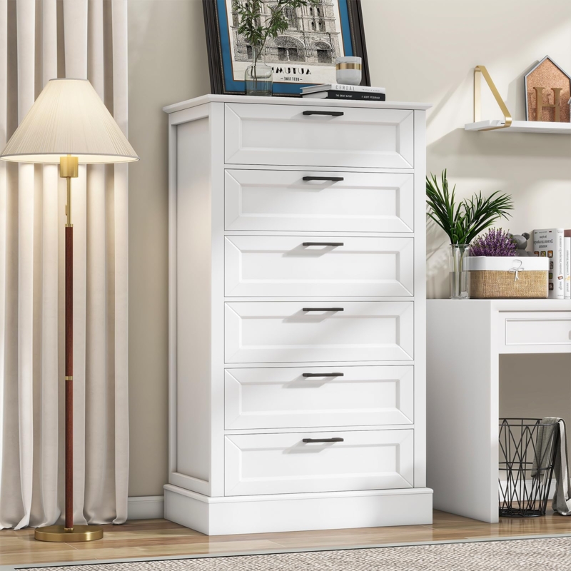 Modern Farmhouse Dresser, Black Bar Pulls, Recessed Panels, Tall White