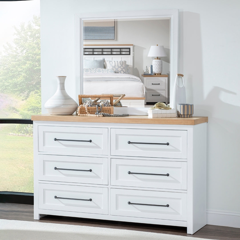 Modern Farmhouse Dresser featuring Wood-Toned Top and Black Hardware