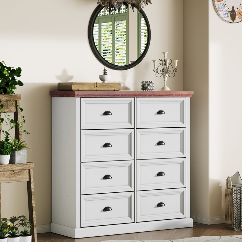 Modern Farmhouse Dresser, Two-Tone Distressed White and Brown