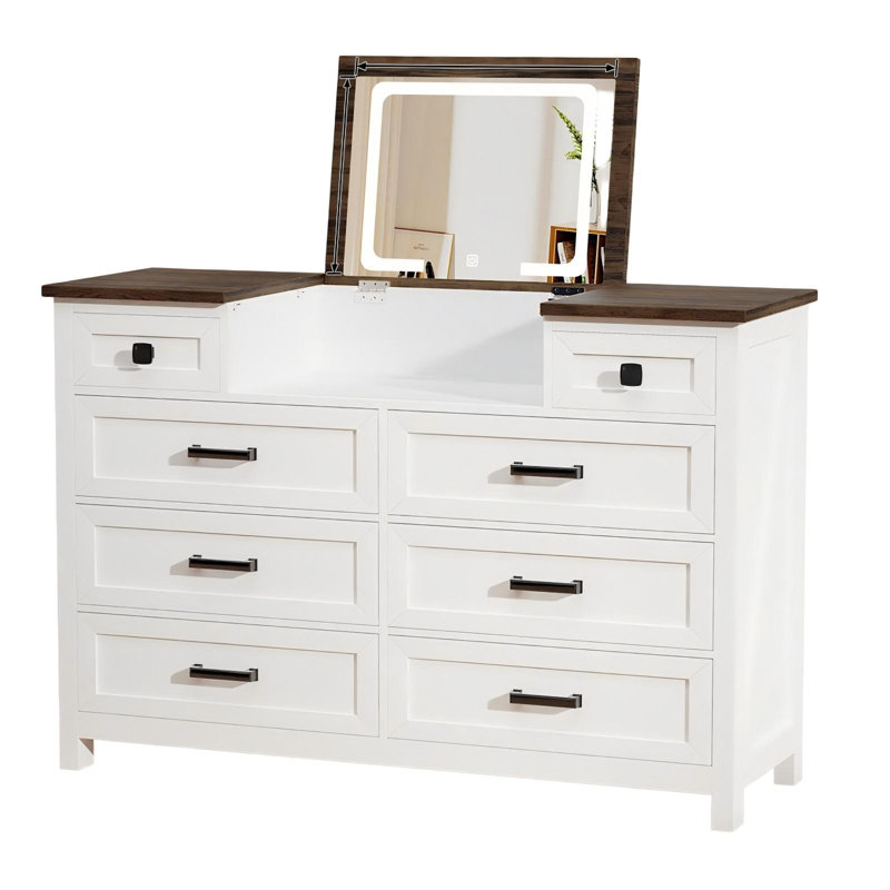 Modern Farmhouse Dresser with Flip-Top Lighted Mirror and Two-Tone Top