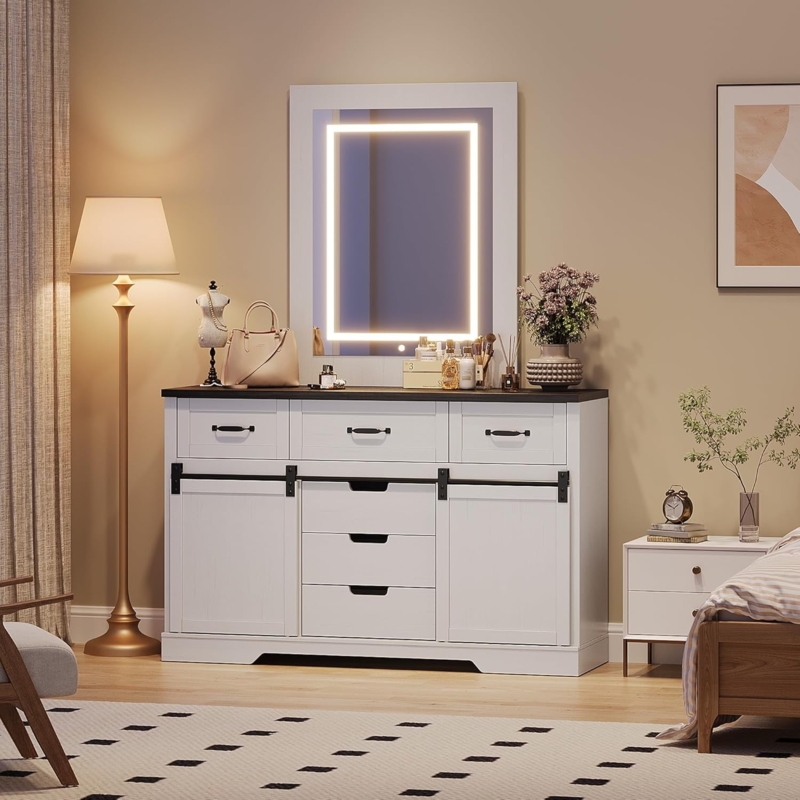 Modern Farmhouse Dresser with Mirror: Sliding Barn Doors & LED Glow