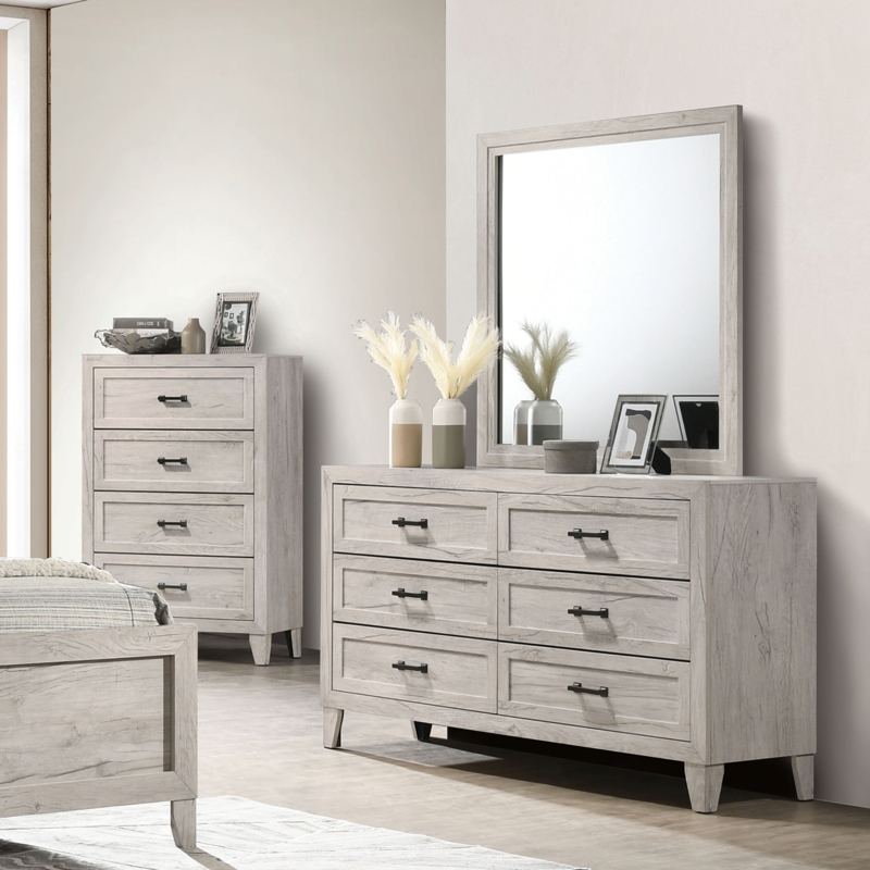 Modern Farmhouse Dresser with Whitewashed Finish and Black Bar Pulls