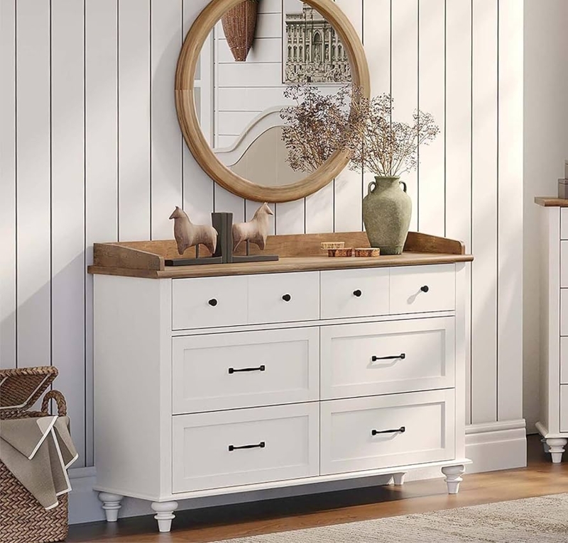 Modern Farmhouse Dresser Wood Top Black Hardware Bun Feet Bedroom