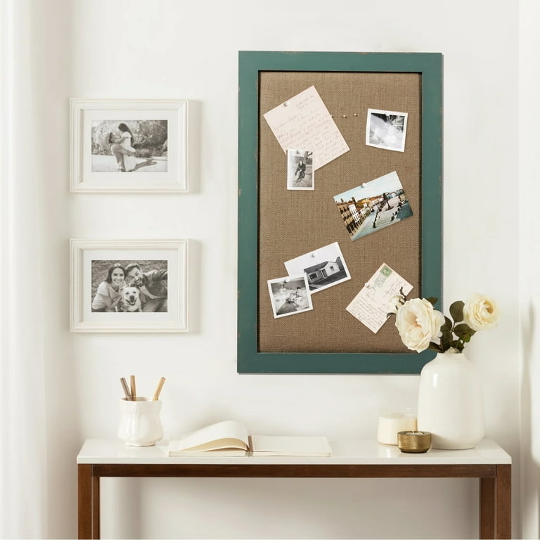 Modern Farmhouse Linen Surface Bulletin Board in Turquoise Frame