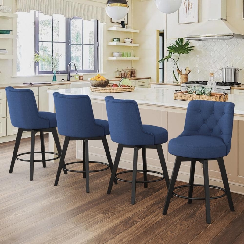 Modern Farmhouse Swivel Bar Stool with Tufted Back and Footrest Ring
