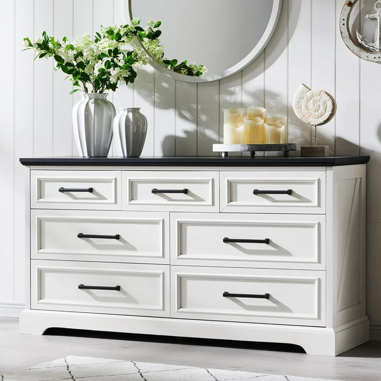 Modern Farmhouse White Dresser with X-Brace Sides and Black Hardware