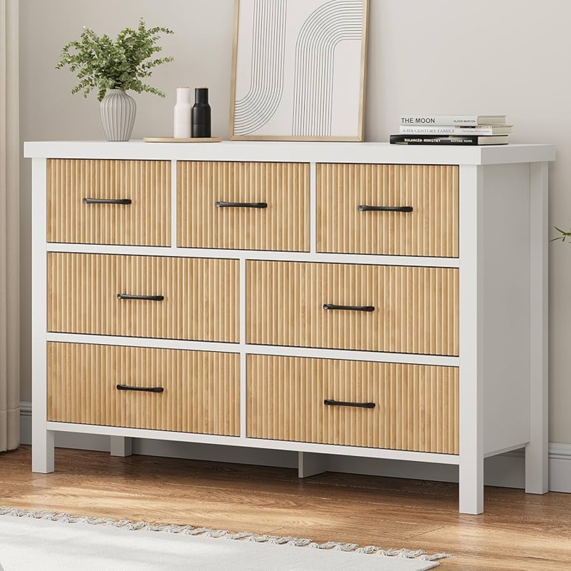 Modern Fluted Dresser White And Wood Scandinavian Style Black Pulls
