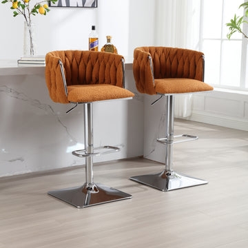 Modern Glam Bar Stool, Burnt Orange Boucle with Ribbed Outer Back