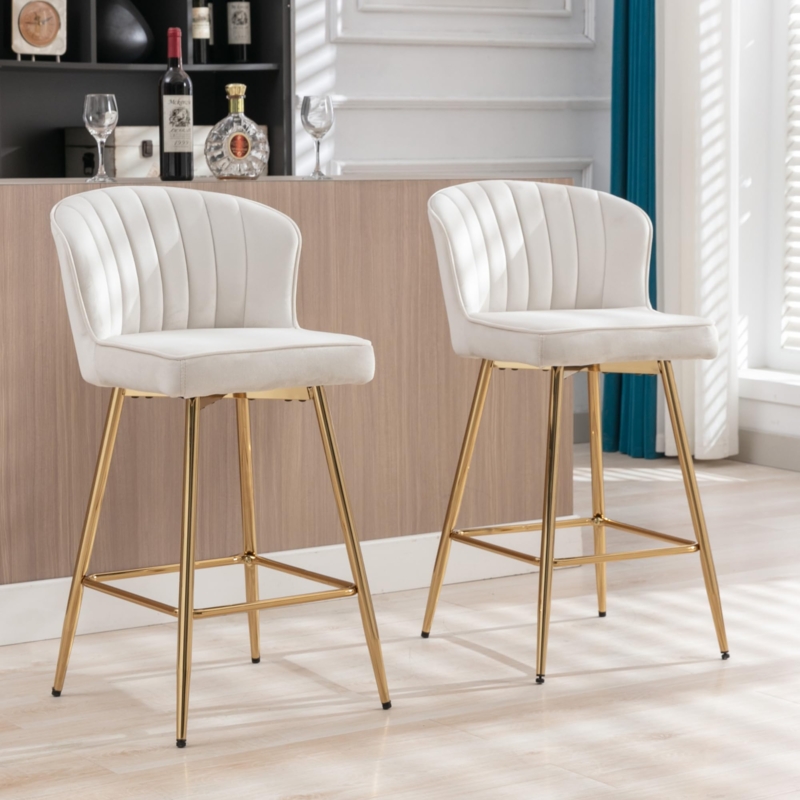 Modern Glam Bar Stools featuring Channel Tufted Shell Back and Gold Legs