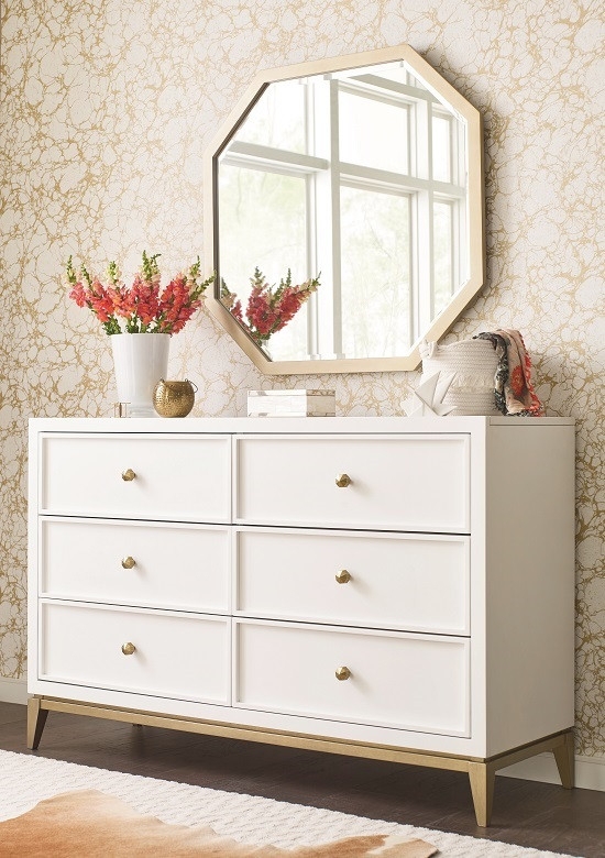 Modern Glam Double Dresser: White with Faceted Geometric Knobs (73 chars)