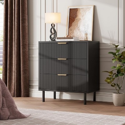 Modern Glam Dresser Matte Black Fluted Front Gold Accents