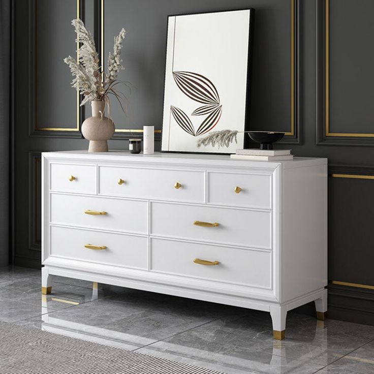 Modern Glam White Dresser with Gold Leg Caps and Mixed Hardware