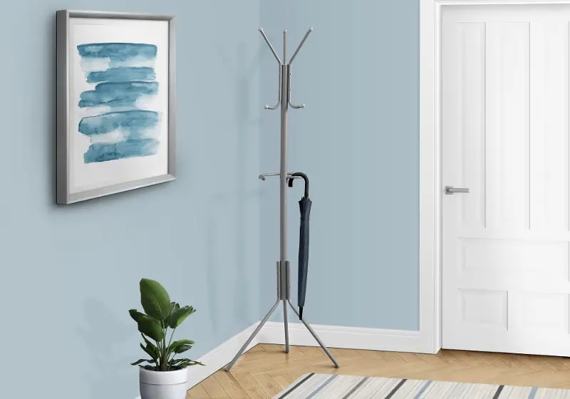 Modern Hall Tree, Satin Silver Metal, Integrated Umbrella Ring Stand