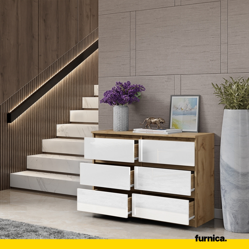 Modern Handleless Chest with White High Gloss Drawers and Oak Frame