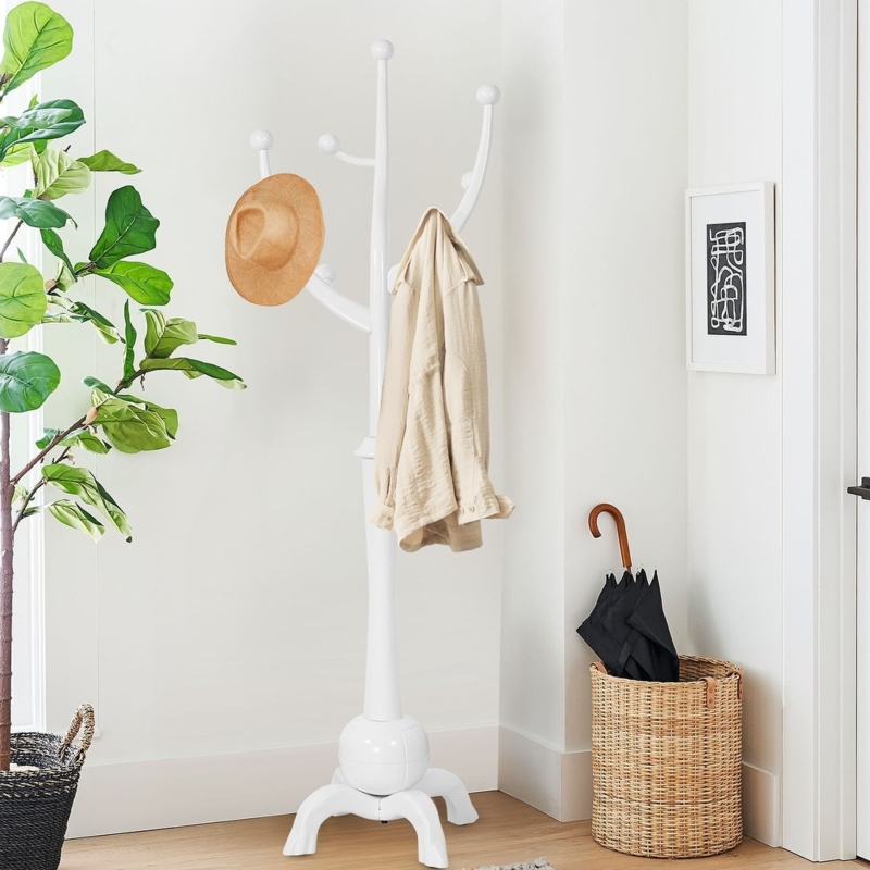 Modern High-Gloss White Branch Coat Rack with Pedestal Base.