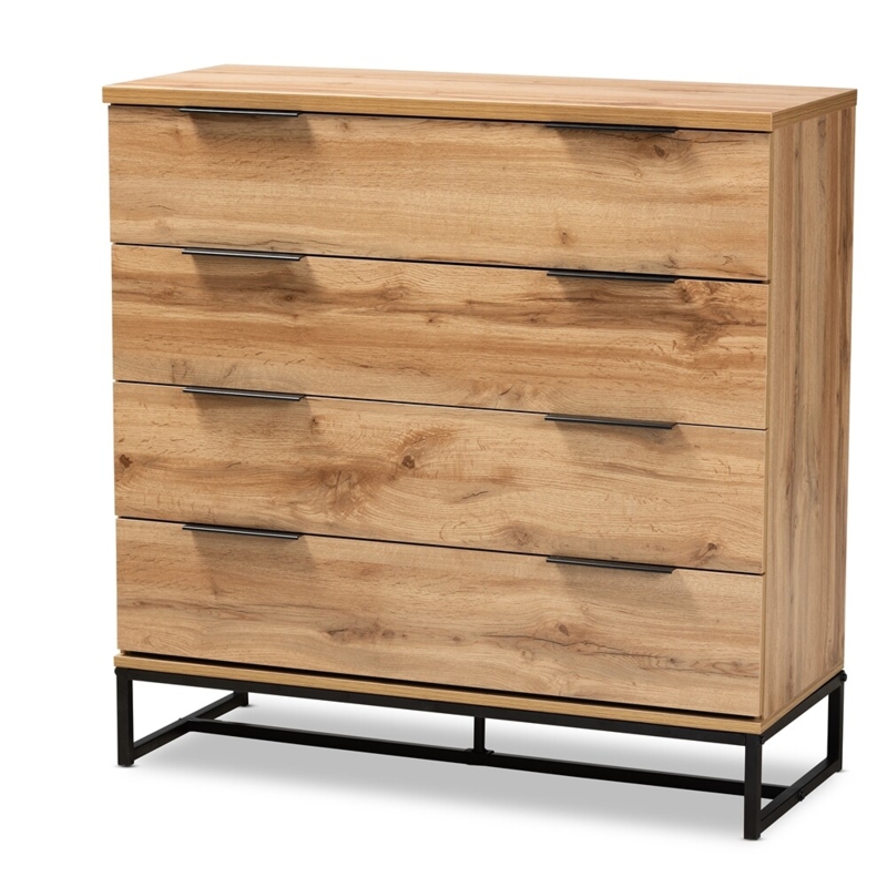 Modern Industrial Oak Dresser with Black Metal Base