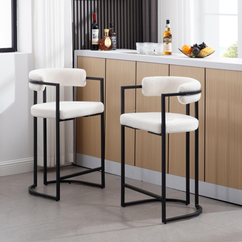 Modern Minimalist Bar Stools: White Bouclé, Architectural Black Frame